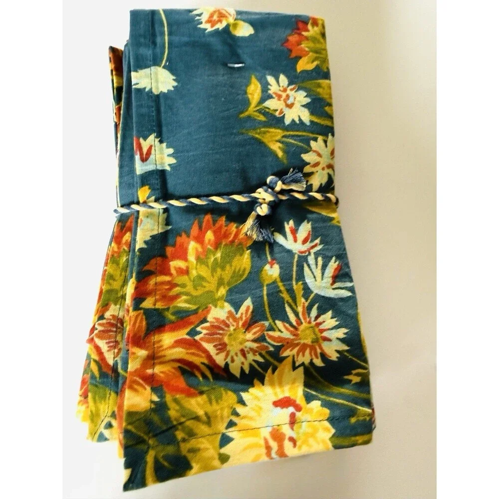 April Cornell MARGUERITE Blue Yellow Floral Cotton Napkins 16x16